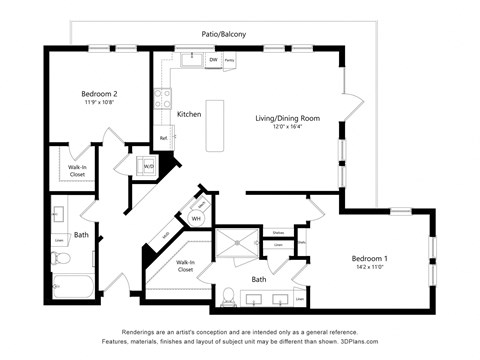Floor plan for 2 beds, 2 baths, 1195 sqft